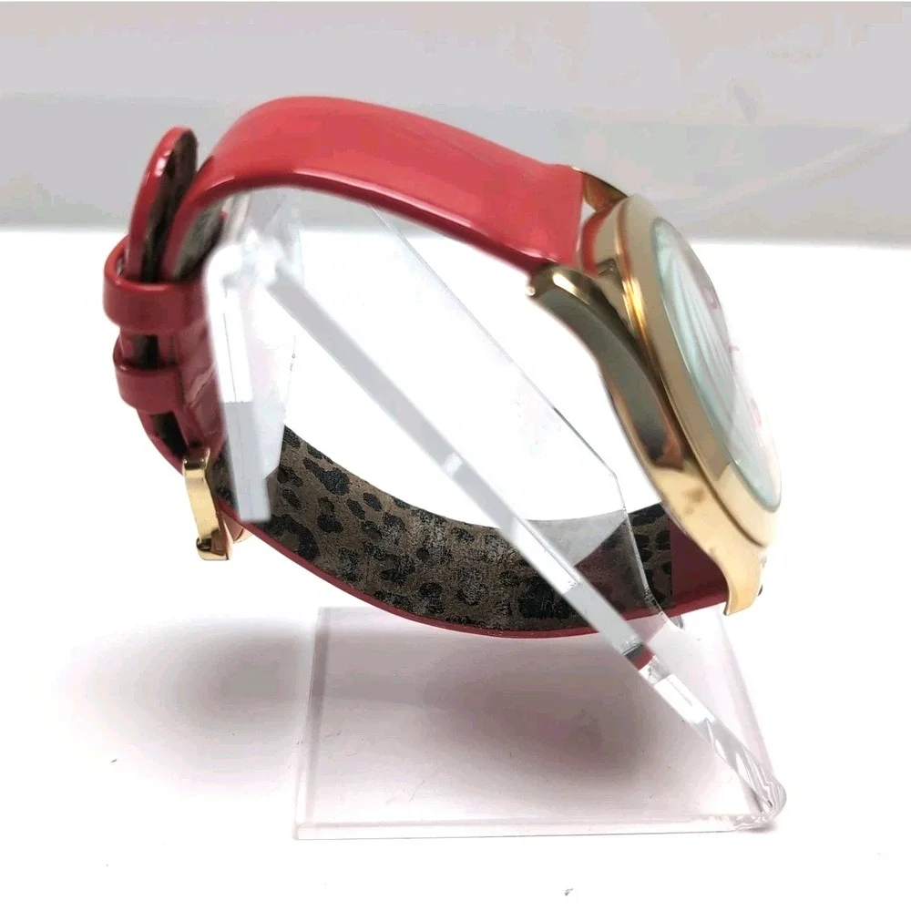 Betsey Johnson Watch Gold Case Pink Swirl Numbers Patent Strap Box BJ2140